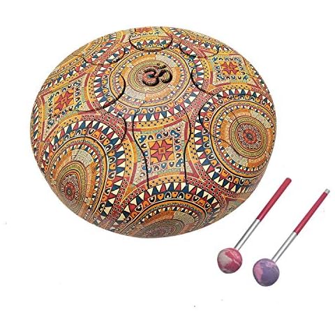 India Meets India OM Tongue Drum Tank Drum Steel Percussion Hangpan Drum Hand drum Musical Instrument with Bag and Mallets Stick (9 Inch, Cream) Cover