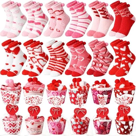 ShinyMatch 12 Pair Valentine's Day Cupcake Socks Fuzzy Socks Gift with Cupcake Card Cute DIY Present Socks Gift for Women Men (Heart) Cover