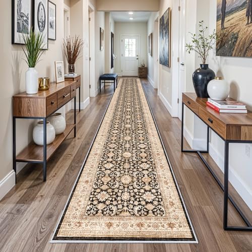 YOUFORTONG 3x20 Extra Long Runners for Hallways: Soft Kitchen Rug Non Slip Rug Runner with Rubber Backing for Bathroom Washable Non Shedding Farmhouse Runner Rug (Black, 3X20)