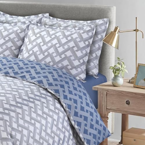 Majestic Giftware Madison Linen 4 Pcs 48" Full Size Duvet Bedding Set (BL106-48F-4pcs) Diamond Braid Blue Gray 300 TC Cotton Sateen Durable & Washable |1 Fitted Sheet, 1 Duvet, 2 Pillowcases