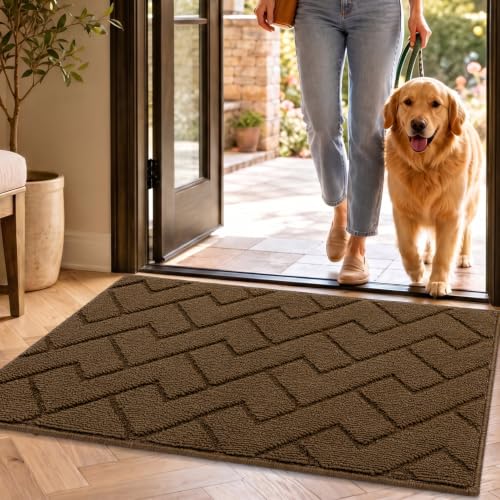Image of hicorfe Indoor Doormat,Front Back Door Mat TPR Backing Non Slip Mats 20 inchx32 inch Absorbent Resist Dirt Entrance Doormat Inside Floor for Entryway Washable Low-Profile(Dark Brown)