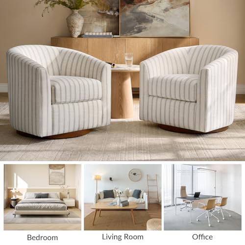 Image of HULALA HOME Modern Swivel Accent Chairs Set of 2 with Solid Wood Base, Round Swivel Barrel Chairs with Striped Pattern, No Assembly Required, Stripe