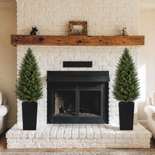 Image of VIVATREES 4FT Artificial Cedar Topiary Trees 2 Pack, Faux Cypress Plants with Black Square Planters, UV Resistant Outdoor Evergreen Decor for Front Porch, Patio, Garden & Home