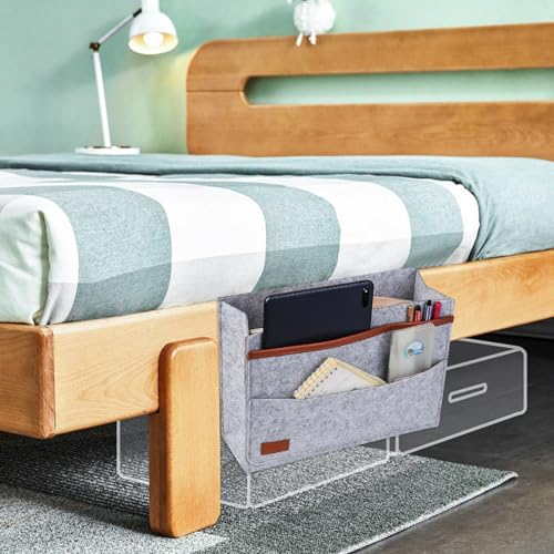 Filz Bett Organizer zum Einhängen, Betttasche zum Einhängen, Hängender Bett Organizer Einhängen, Bettablage Zeitungsständer für Schlafzimmer Schlafsaal Sofa Nachttisch Hängend Aufbewahrung, Hellgra