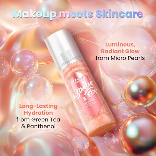 Image of FACES CANADA Ultime Pro Strobe Makeup Fixer Mini - Rose Gold, 50 ml | 12HR Long Lasting Makeup Setting Spray | Dewy Shimmery Glow Finish | Hydrating, Non-Sticky | Waterproof, Transferproof & Alcohol-Free