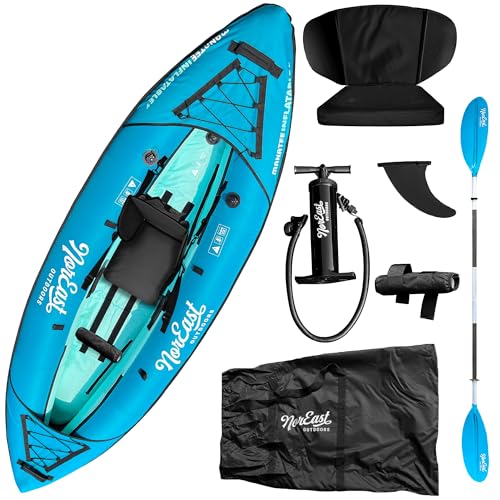 NorEast Outdoors Inflatable Kayak Package 9' (Explorer) - Adjustable Inflatable Seat with Backrest, Adjustable Paddle, Carry Case, Pump & Patch Kit