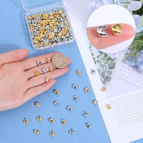 SOFPLATE 1 Box 200Pcs 6Mm Jewellery Bead Covers Gold Crimp Beads Bulk Brass Small Silver Stoppers Half Round Open Crimp Beads Knot Covers for Jewellery Making Necklaces Bracelets Earrings Supplies - Image 3