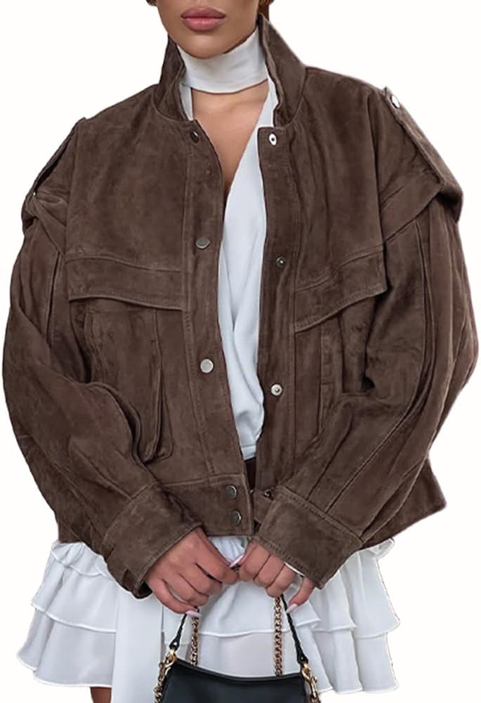 chouyatou Women's Fall Boyfriend Faux Suede Leather Jacket Oversized Business Casual Button Down Coat