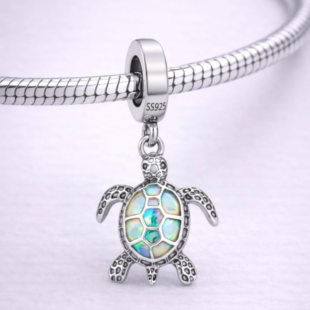 Sea Turtle Opal Inlay Pendant Charm, 925 Sterling Silver Charms - Compatible with Pandora Charm Bracelets, Necklaces, and DIY Jewelry Making