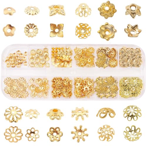 SUNNYCLUE 1 Box 240Pcs Metal Bead Caps 12 Different Flower Bead Ends Filigree Petal Brass Bead Caps Alloy Beads Spacer Accessories with Clear Box for Jewelry Making Golden