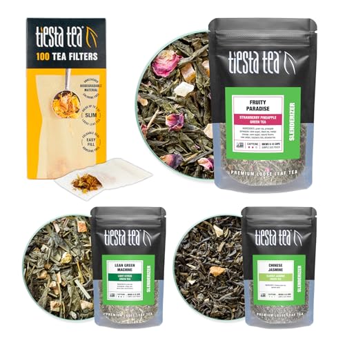 Image of Tiesta Tea - Green Tea Starter Kit, Loose Leaf, Premium Green Blend Gift Set, Medium Caffeinated, Make Hot or Iced, Includes 3 Loose Leaf Samplers & 100 Disposable Filters