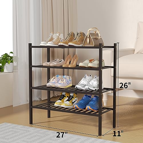 4 Tier Bamboo Shoe Rack for Closet Free Standing Wood Shoe Shelf for Entryway Small Space Stackable 27"x11"x26" (Brown)