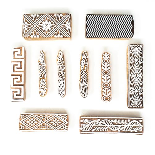 Image of Wooden Indian Traditional Design Printing Stamps /Blocks for Printing Saree Border /Dresses /Craft Card Making /Scrapbook /Clay Pottery (Set of 10)