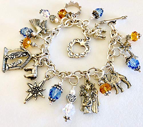 Nativity Charm Bracelet, Christmas Story Charms, Away In A Manger, Christmas Eve, Pewter Charms, Crystals And Pearls, Christian Bracelet #TOP1