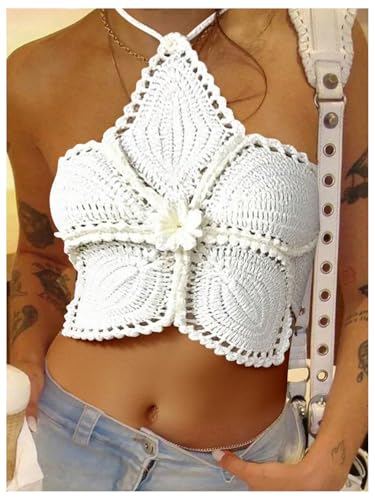 Milumia Women's 3D Floral Crochet Knit Halter Top Y2k Tie Back Hollow Out Crop Tops4