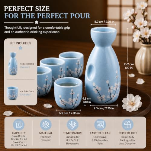 Image of Melbify Japanese Ceramic Sake Serving Set | 1 Pot + 4 Cups| Pot(180 ml) & Cup(45 ml)| Tokkuri Carafe & Cups | Sake Glasses for Drinking | House Warming Gift Set | Anniversary | Couple