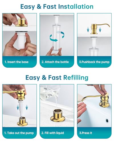 Image of Built in Deck Mount Liquid Lotion Kitchen Countertop Metal Soap Dispenser, Gold Brass Dispenser Pump with 500ml (17oz) High Capacity Bottle