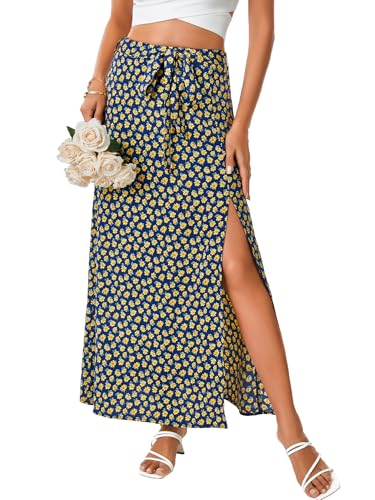 LYANER Women's Floral Print Split Front Tie Knot High Waisted Boho Beach Maxi Skirts