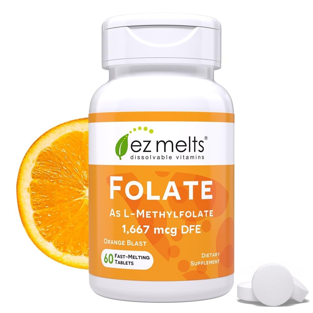 EZ Melts Dissolvable Folate 1,667 mcg DFE - Methylated Folate Supplement - Heart Health & Healthy Fetal Development - Non-GMO, Vegan & Dairy-Free - Orange Blast -60 Dissolvable Tablets (60 Servings)