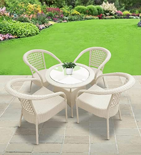 Image of Anaya Decor D-8 Chairs Table Set 4+1 Wicker Patio Furniture Sets 4 Chair and 1 Table for Garden Balcony Bedroom Powder Coated Frame Uv Protected Wicker (Off White)