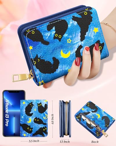 Image of Bistup Leather 12 Slot Accordion Card Holder Wallet, Black Cat | Accordion Storage, Zipper Around Closure, Compact Patterned Wallet for IDs, Cards, Cash, Daily Carry and Gifts