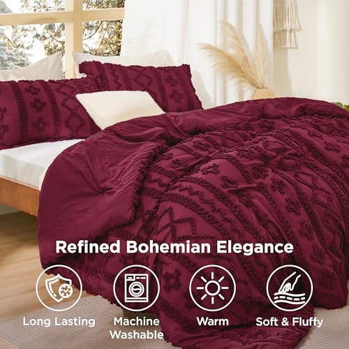 Image of Bedsure Tufted Boho Comforter Set Queen Size - Burgundy Boho Bed Set, GentleSoft 3 Pieces Farmhouse-Style Embroidery Bedding, Gifts for Woman, Soft Jacquard Kids' Queen Comforter for All Seasons