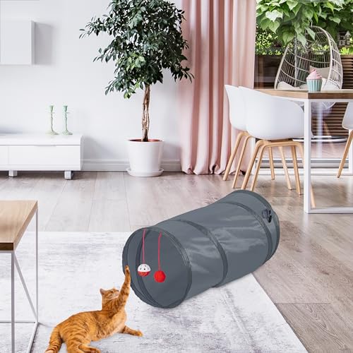 Relaxdays Katzentunnel faltbar, BxD: ca. 50x25 cm, Katzenröhre mit Spielzeug & Tasche, interaktiver Spieltunnel, grau