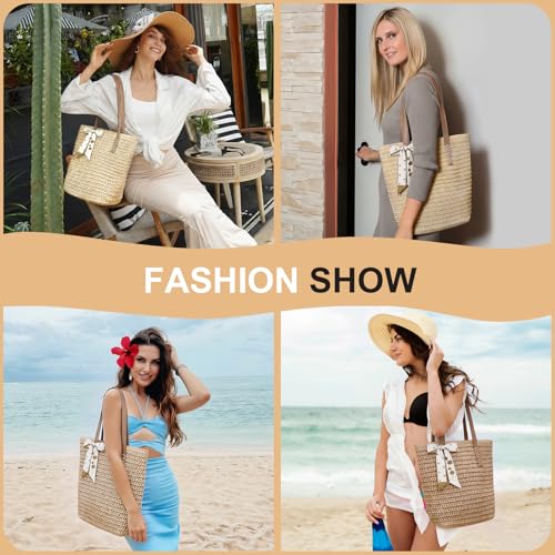 Bolso de paja para playa Long Keeper - Bolso tote grande tejido para mujer con cremallera, ideal para vacaciones y días festivos miniatura 2
