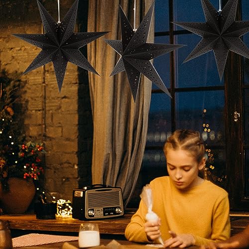 Image of LIOOBO Paper Lanterns 3pcs 9-Pointed Paper Star Lantern Shades for Christmas (7-Pointed Star Black)