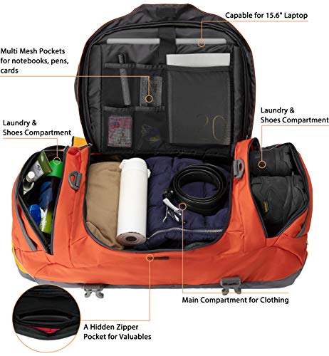 Ubon Travel Duffel Bag 4-Way Sports Gym Backpack 55L With Shoe Compartment Orange