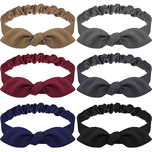 6 Pieces Bandana Headbands Bow Girls Solid Colors Knot Headwrap Retro Elastic Rabbit Ear Hairband for Women (Dark color style)