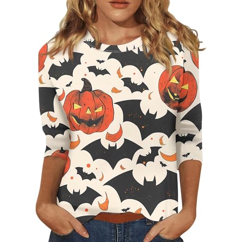 Halloween Shirts for Women 3/4 Sleeve Plus Size Crewneck Loose Fit Cute T Shirt Halloween Costumes for Women 2025