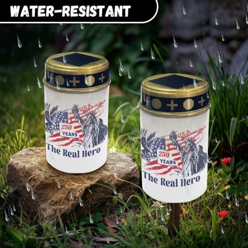 Image of Grave Solar Light for Cemetery The Real Hero Patriotic Flameless Candle Solar Powered with Statue of Liberty Eagle Veterans Loved Ones Remembrance Tribute Grave Decor