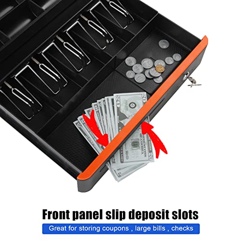 Sgorlds 16" Cash Register Drawer For Pos Machine With Orange Bar,5 Bill 5 Coin Removable Cash Tray Coin Compartment,12-24V,Rj11/12 Compatible,Key Lock #TOP7