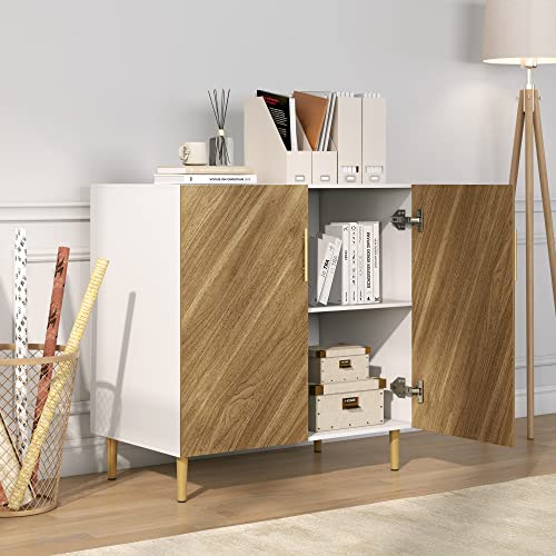 Okvnbjk Credenza, 28" Modern Buffet Cabinet With Storage, Sideboard Buffet Cabinet With 2 Door, Accent Cabinet For Hallway, Entryway Or Living Room(White Brown) #TOP2