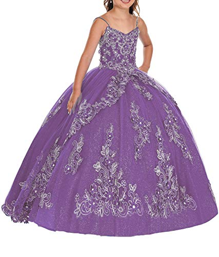 Emmani Girl's Lace Applique Flower Girl Dresses Spaghetti Straps Girl Pageant Ball Gown with Jacket Purple
