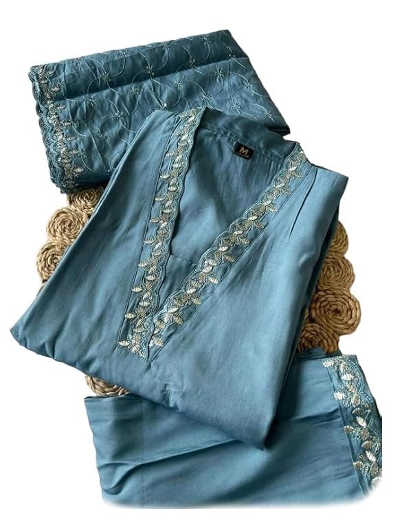 Xomantic Fashion Womens's Pink Color Cotton Embroidered Readymade Kurta Pant Set With Dupatta (Xx-Large, Blue)