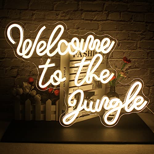 Image of Welcome to the Jungle Neon Sign Warm White Led Word Neon Light Signs for Wall Decor Usb Letter Light Up Sign for Bedroom Nursery Kids Room Garden Home Entryway Front Porch Wedding Birthday | Warm White Neon Sign, Safari Decor for Front Porches and Gardens, Gift for Families and Jungle Theme Fans
