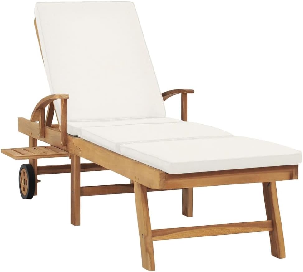 Sun Lounger with Cushion,Patio Lounge Chair,Beach Sunbathing Chair,Camping Chair,Portable Loungers,Backrest Adjustable in 3-positions,for Patios,Pools,Lawns,Camping,Solid Teak Wood Cream