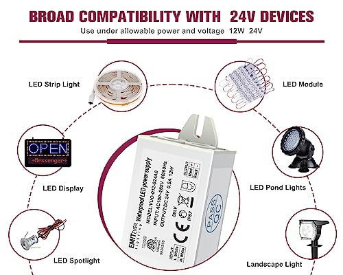 emitever 24volt led power supply driver 12w 2-pack etl listed waterproof ip67 low voltage transformer 120v ac to 24v dc converter for led strip spotlight cabinet tape lights and outdoor lighting