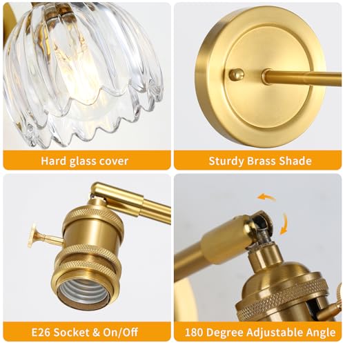 Image of 5 inch Tulip Glass Wall Sconces 180 Degree Adjustable Brass Wall Light Hradwired Modern Wall Lighting Fixture with Switch for Bedside Bedroom Doorway Reading Nook