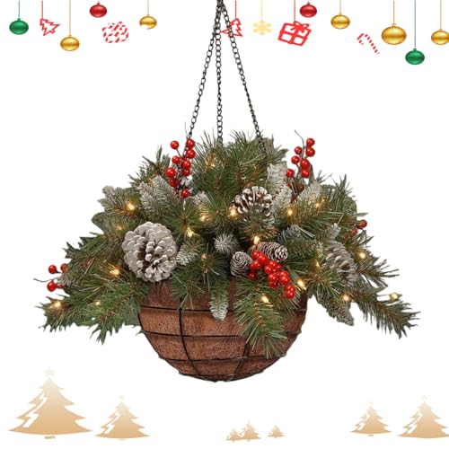 Pre-Lit Artificial Christmas Hanging Basket, LED Lights Outdoor Christmas Decoration, with Pine Cones & Red Berries for Garden, Patio, Lawn,Front Porch (1)