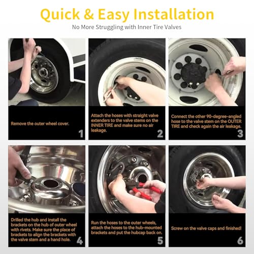 Image of Dually Valve Stem Extenders for Dual Wheels, Stainless Steel Braided Dually Tire Valve Extension with 2 Straight & 2 Angled Hoses, Fits 16 inch to 19-1 /2 inch Dual Wheels Tire Valve Extension for Cars