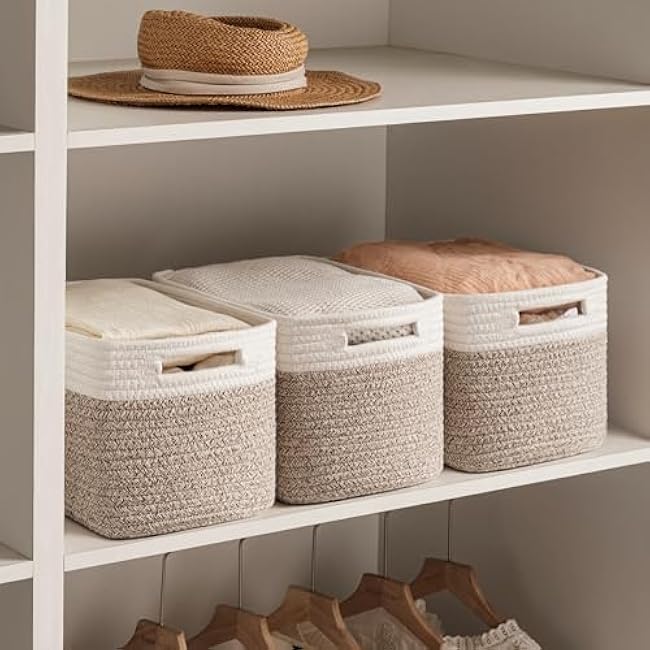 UBBCARE 4 Pack Storage Basket for Shelves, Woven Baskets for Organizing, Durable Organizer Baskets Storage Bins for Bookshelf, Toys, Towels, Clothes, 13''Lx9''Wx7.5''H, White&Light Brown