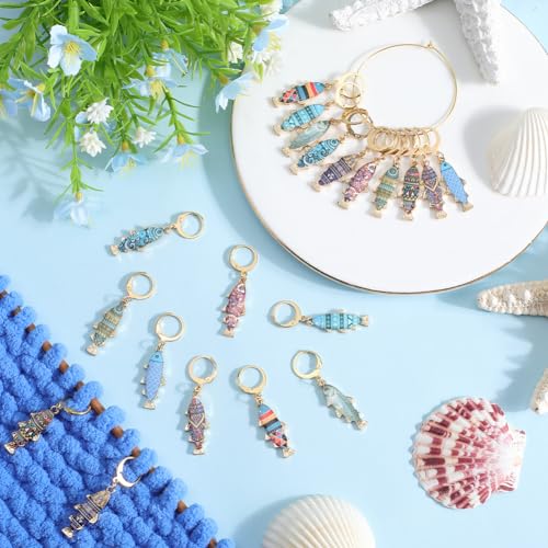 SUNNYCLUE 1 Box 20Pcs 10 Colors Knitting Markers Charms Fish Stitch Marker Cute Ocean Animal Crochet Stainless Steel Leverback Hoops Summer Enamel Stitch Markers for Crocheting Quilting Jewelry Making