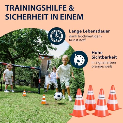 HUDORA Pylonen - 4 Stück - Stapelbare Verkehrskegel in Orange/Weiß - Hochwertige Verkehrshütchen - 23 cm hoch & 14 cm breit - Markierungskegel für Slalom, Radfahren, Dribbeln