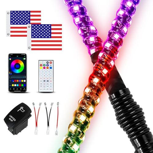VI9000 2 Pack 4FT Whip Lights with Spring Base, LED Whip Light with App & Remote Control, Spiral RGB...