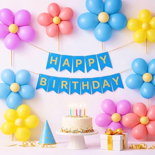 Image of The FOMO Factory All-You-Need Rainbow Decoration Kit | Balloon Flower Clips + Pastel Balloons + Golden HBD Banner | Flower balloons for decoration | Kids Unicorn Birthday (RainbowFC)