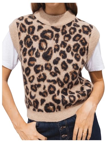 MakeMeChic Women's Leopard Print Vest Top Y2K Crew Neck Sleeveless Sweater Vests