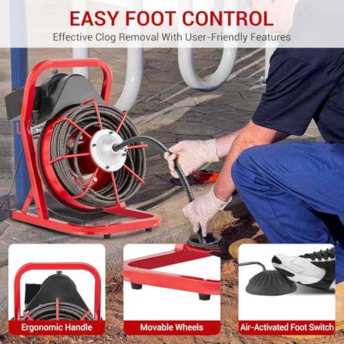 75FT x 1/2in Drain Cleaner Machine, 400W Electric Drain Snake with 6 Cutters & Foot Switch for 1" to 4" Pipes, Heavy Duty Sewer Auger for Sinks, Toilets, Showers